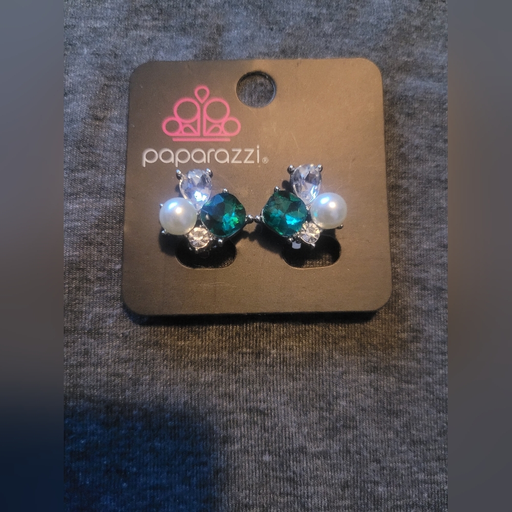Women Clip On Earrings pearl,diamond and green gem  earrings.